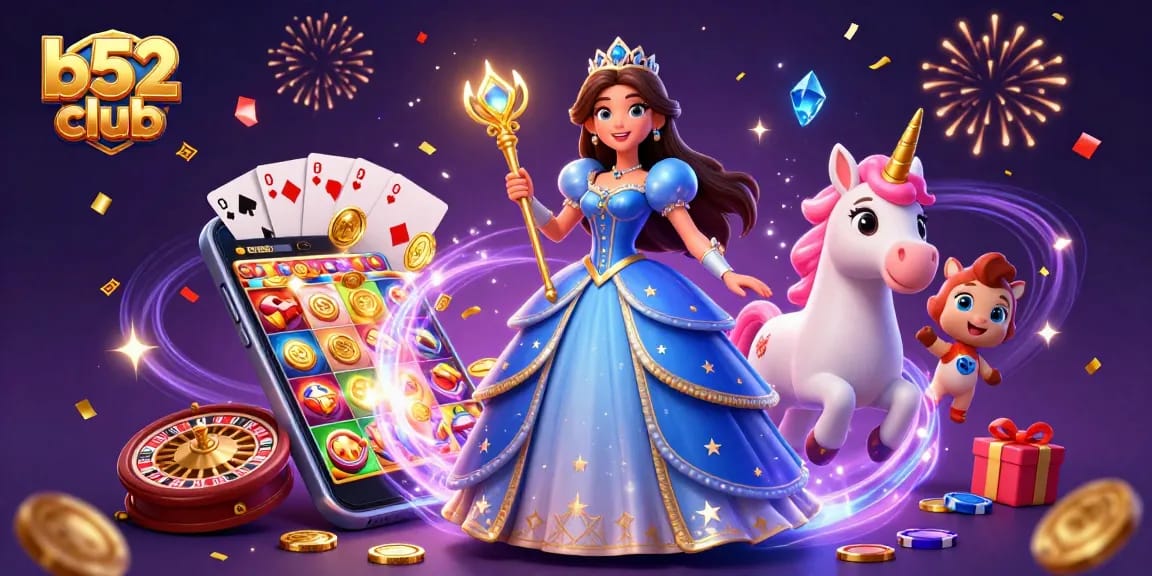 Win big with b52 club as a woman in royal blue gown celebrates gaming excitement surrounded by colorful slot machines and cards.