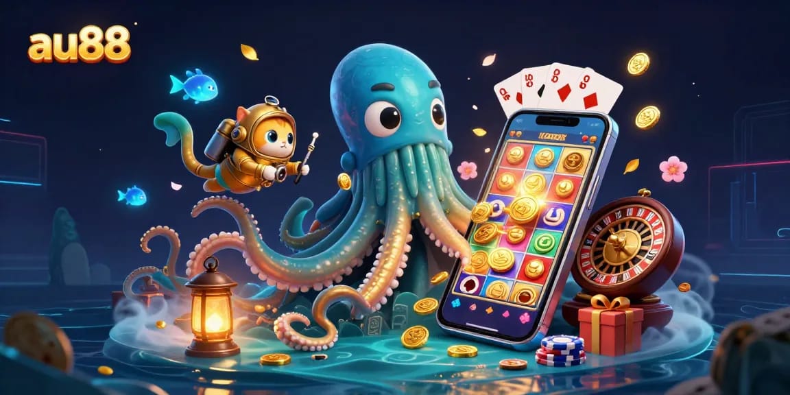 Experience the excitement of au88 with a vibrant scene featuring a kraken, diving cat, and more.