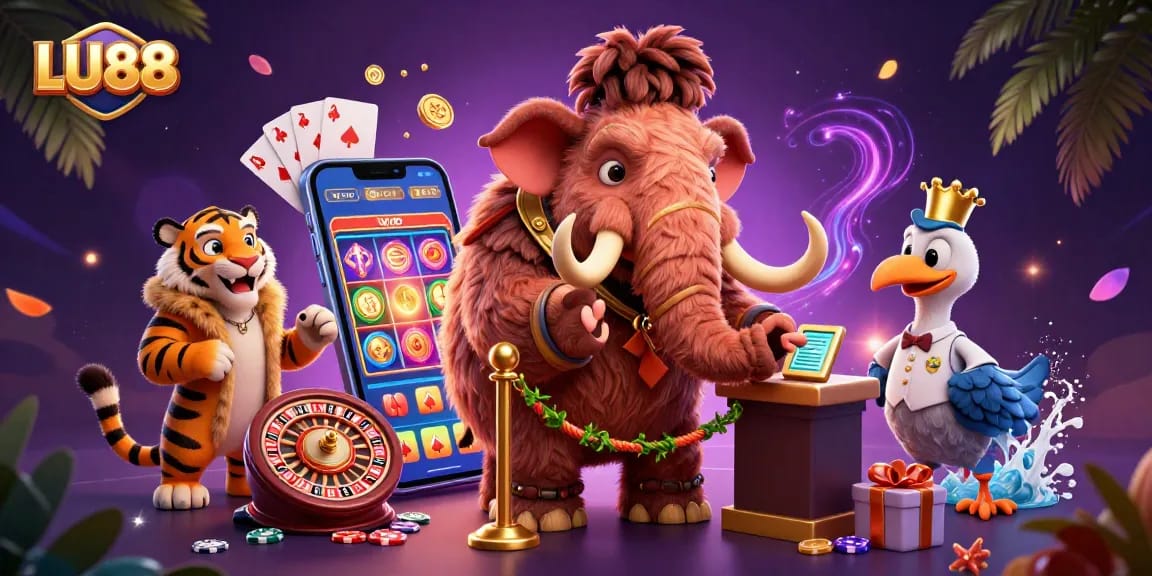 LU88 engages players with vibrant casino fun through a bouncer, VIP guest, and doorman scene.