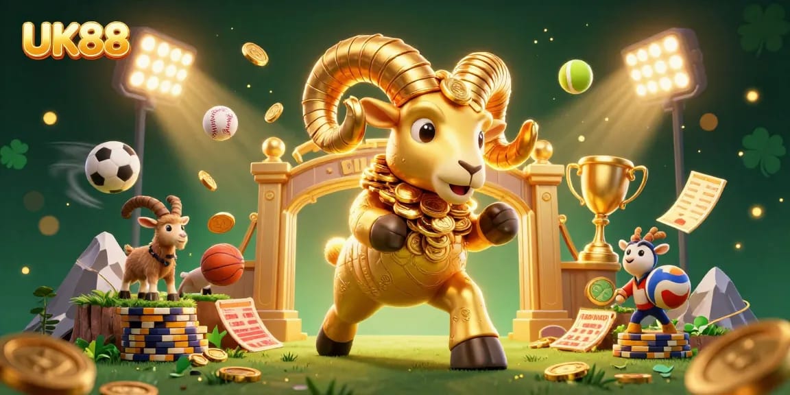 Experience thrilling sports betting with UK88's energetic scene featuring a gold ram and dynamic sports elements.