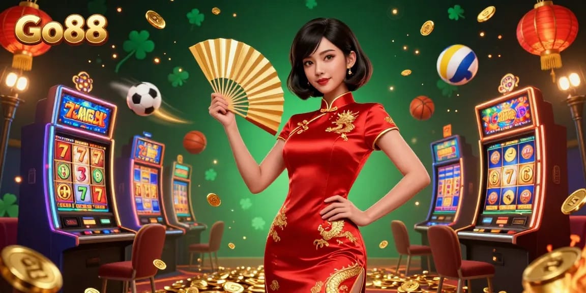 Experience thrilling gameplay at Go88 with vibrant slots and dynamic characters amidst gold coins and lanterns.