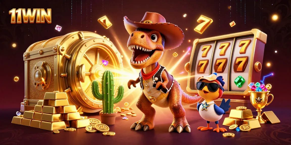 Experience thrilling slots with 11WIN in a vibrant casino scene featuring treasure elements.