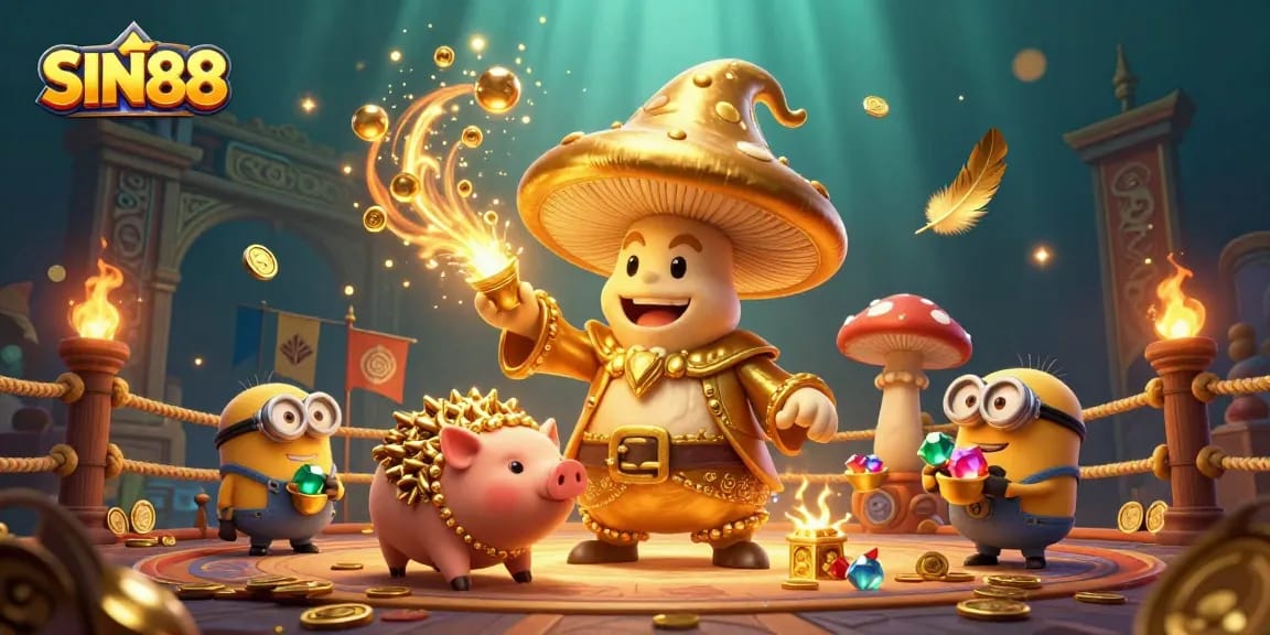 SIN88 brings fortune with a golden wizard and treasures in a captivating 3D casino scene.