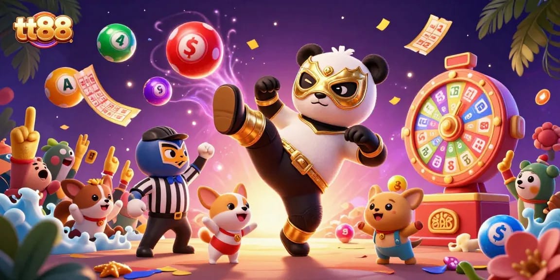 Experience exhilarating wins at tt88 with animated fun in a vibrant casino scene featuring a wrestling panda!