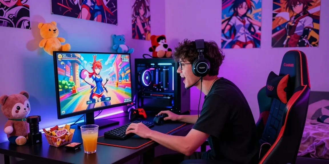 Player immersed in an exciting hentai game on a colorful gaming setup, vibrant bedroom atmosphere.