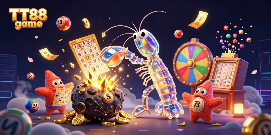 Interactive scene showcasing TT88 game elements with vibrant lottery balls, golden tickets, and a galactic shrimp character.