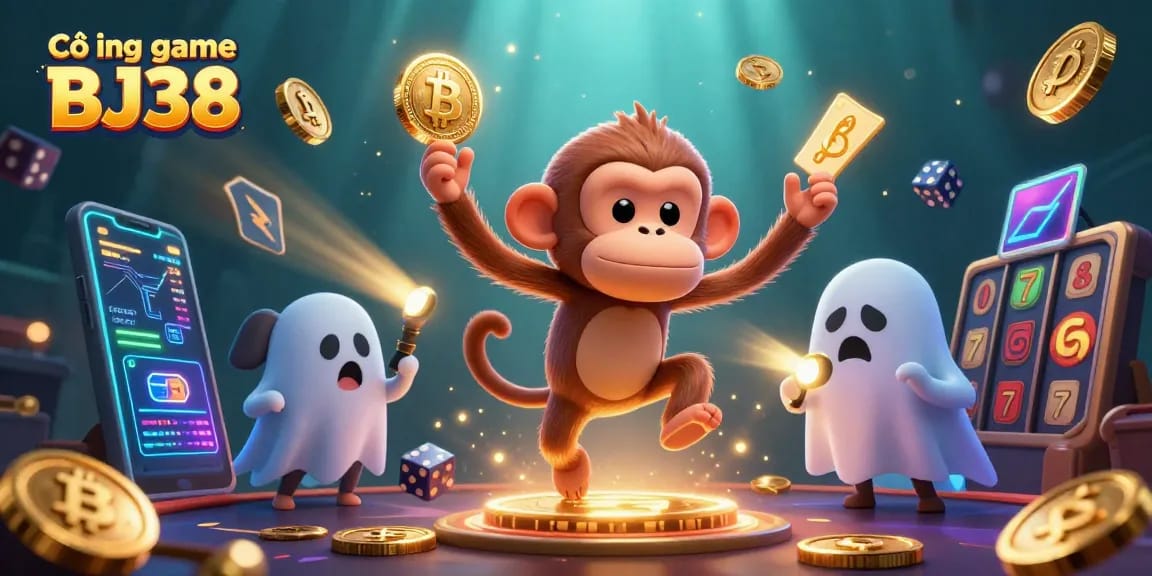Cổng game BJ38 showcases a mischievous poltergeist monkey juggling casino tokens amidst a haunted setting, with dynamic gold sparkle effects.