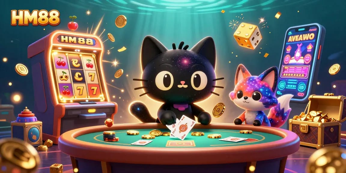 Play at HM88 as the black hole cat draws in casino chips amidst vibrant slot machines and cosmic fun.