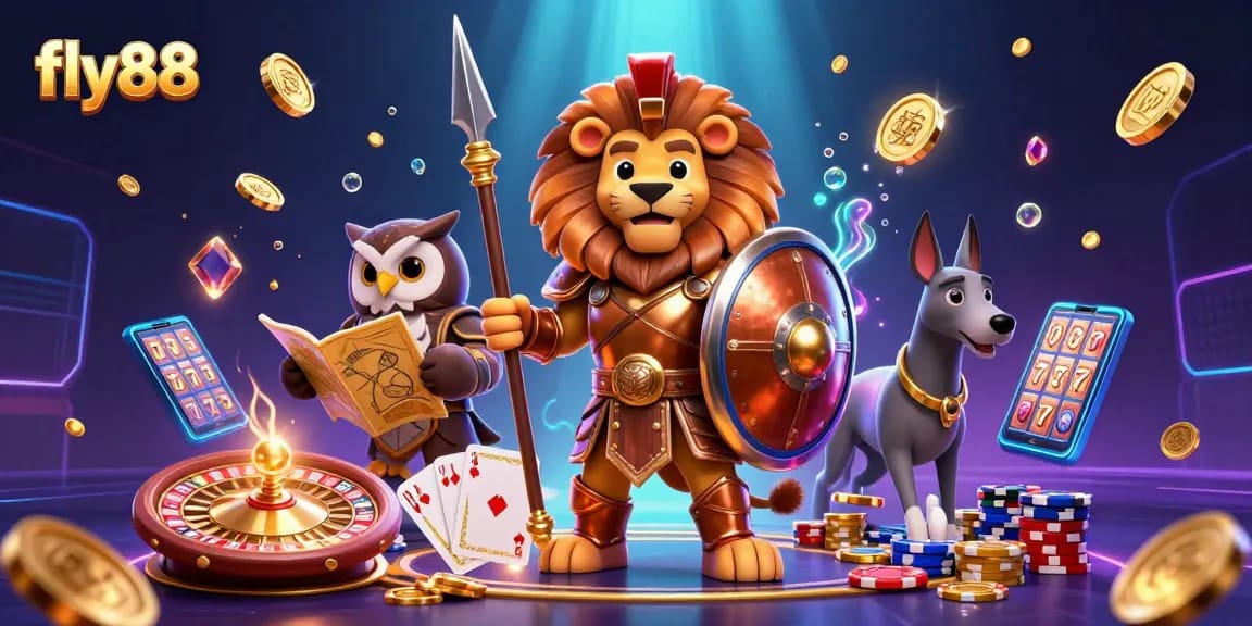 Fly88 showcases a thrilling gambling scene with a heroic Spartan lion, a strategic owl, and a swift greyhound amidst casino elements.