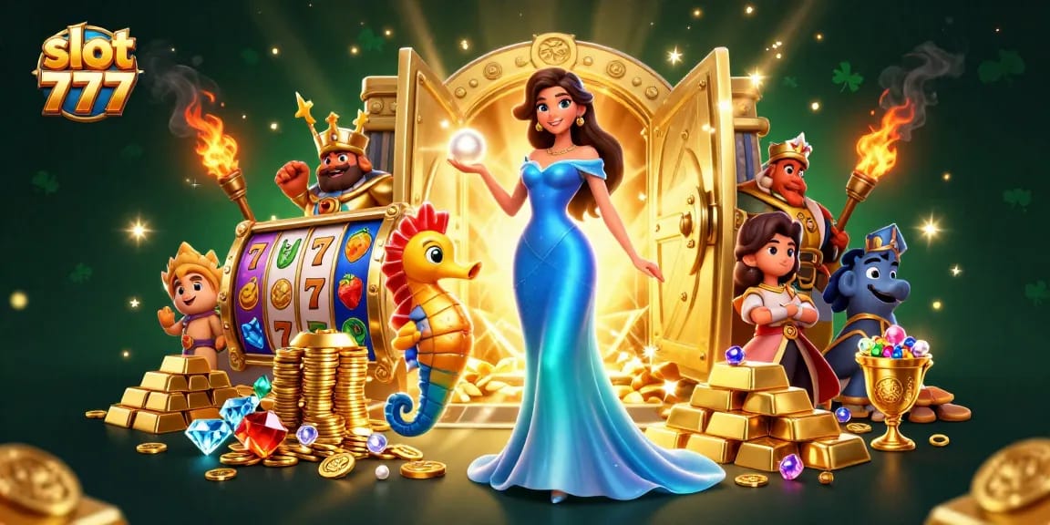 Spin the reels of slot 777 in a treasure-filled ocean scene with glowing gems and golden riches.