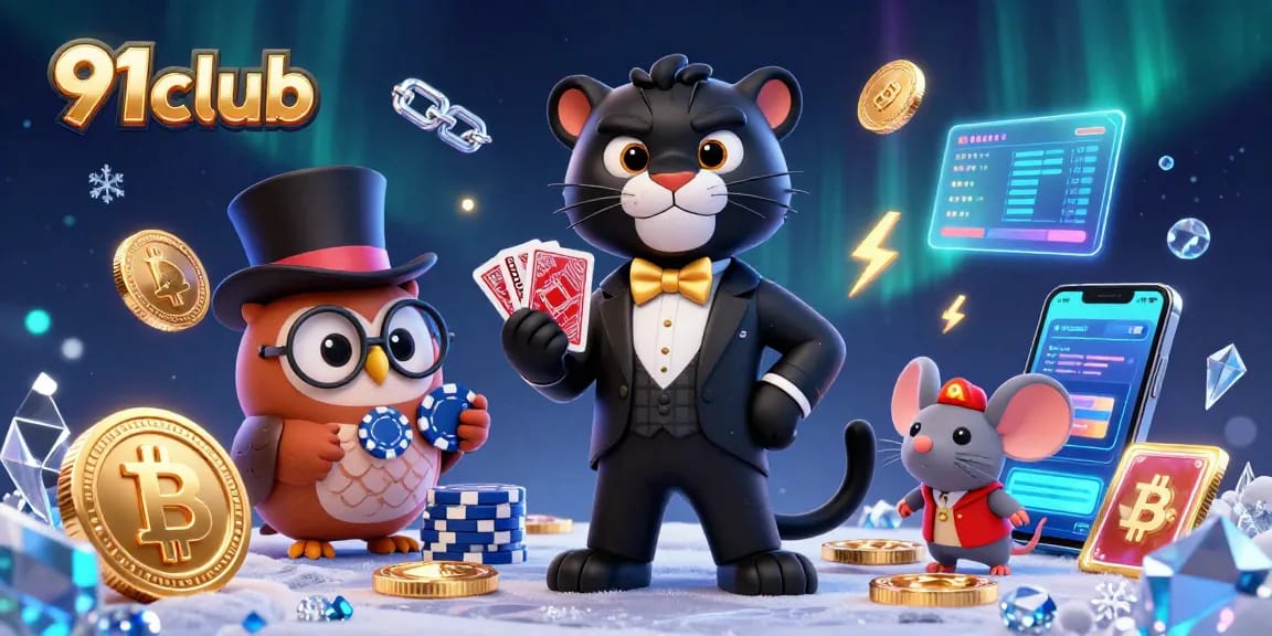Experience the excitement of 91club with a tuxedoed panther, poker chips, and crypto coins.