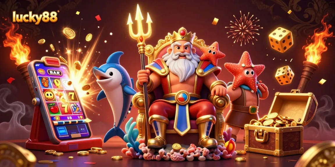 Experience lucky88's excitement with Neptune and a swordfish samurai amidst vibrant casino elements.