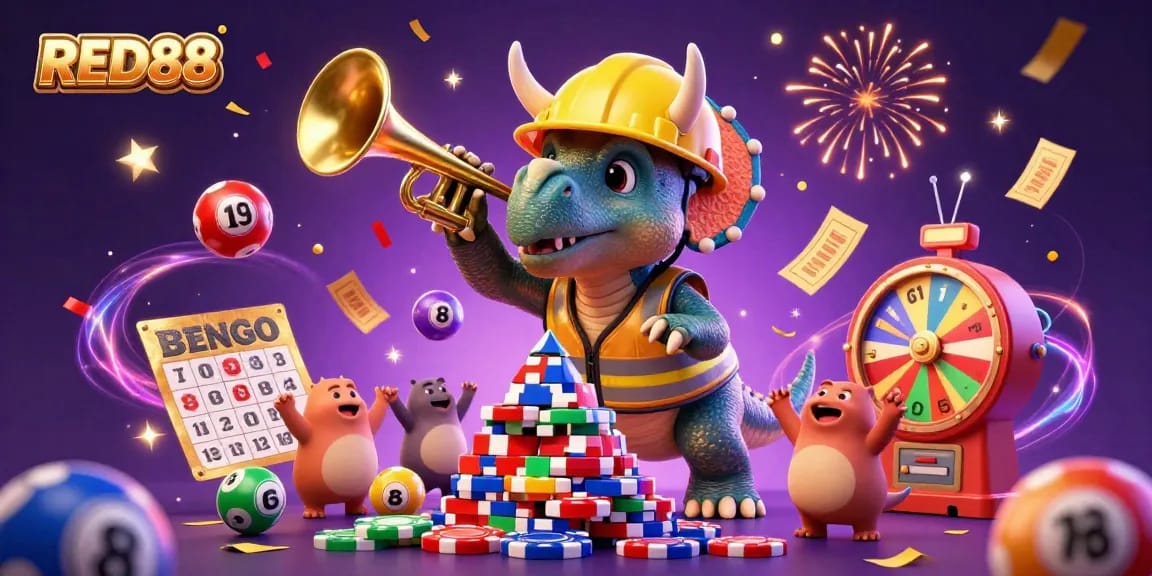 Engage with RED88 through a vibrant celebration of luck featuring a triceratops building poker chips.