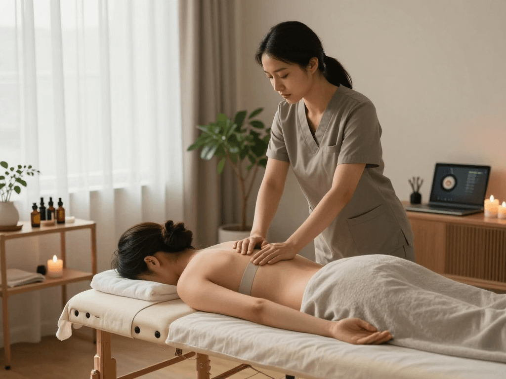 Premium 출장안마 service in a serene home environment, showcasing a relaxing massage experience.