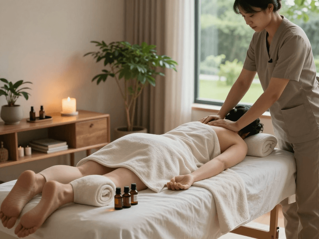 A calming home spa scene showcasing a relaxing 출장마사지 with aromatic oils and tranquil atmosphere.