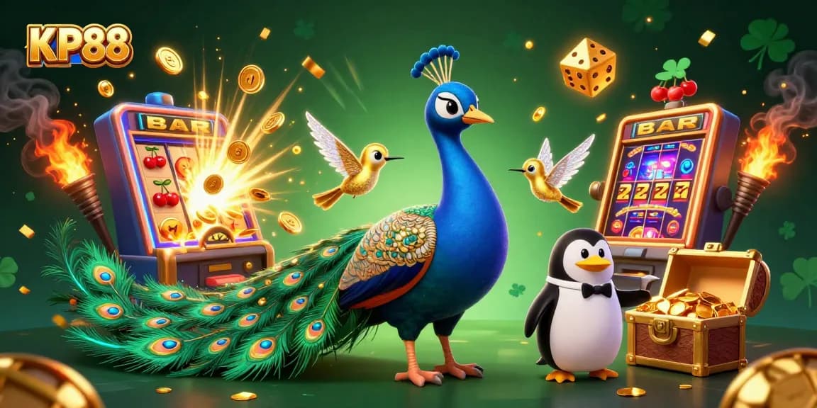 Win big with KP88 at a vibrant casino scene featuring peacock, penguin, and hummingbird.