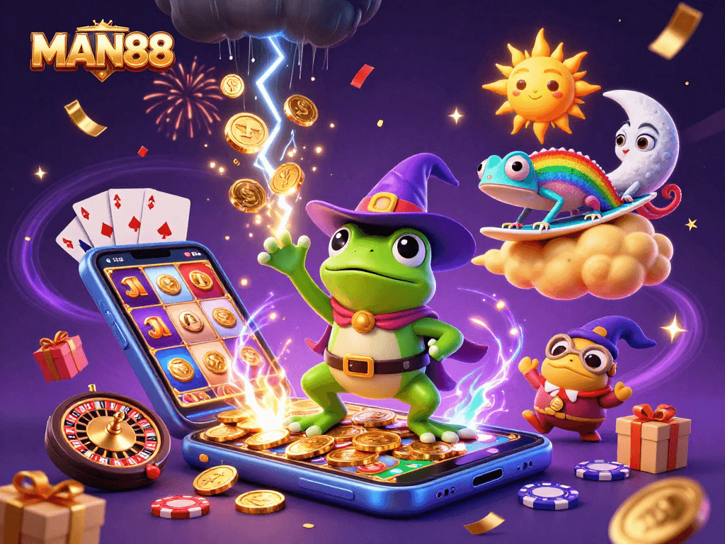 Engage in thrilling gaming adventures with MAN88's vibrant casino illustration featuring a wizard, chameleon, and exciting games!