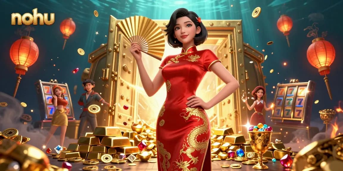 Nohus vibrant casino scene illustrates a beautiful Asian woman with golden treasures amidst slot machines