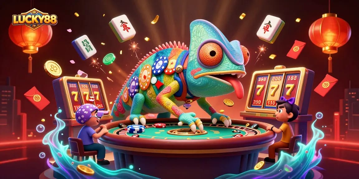 Experience the thrill of LUCKY88 with a vibrant casino scene full of action and color.