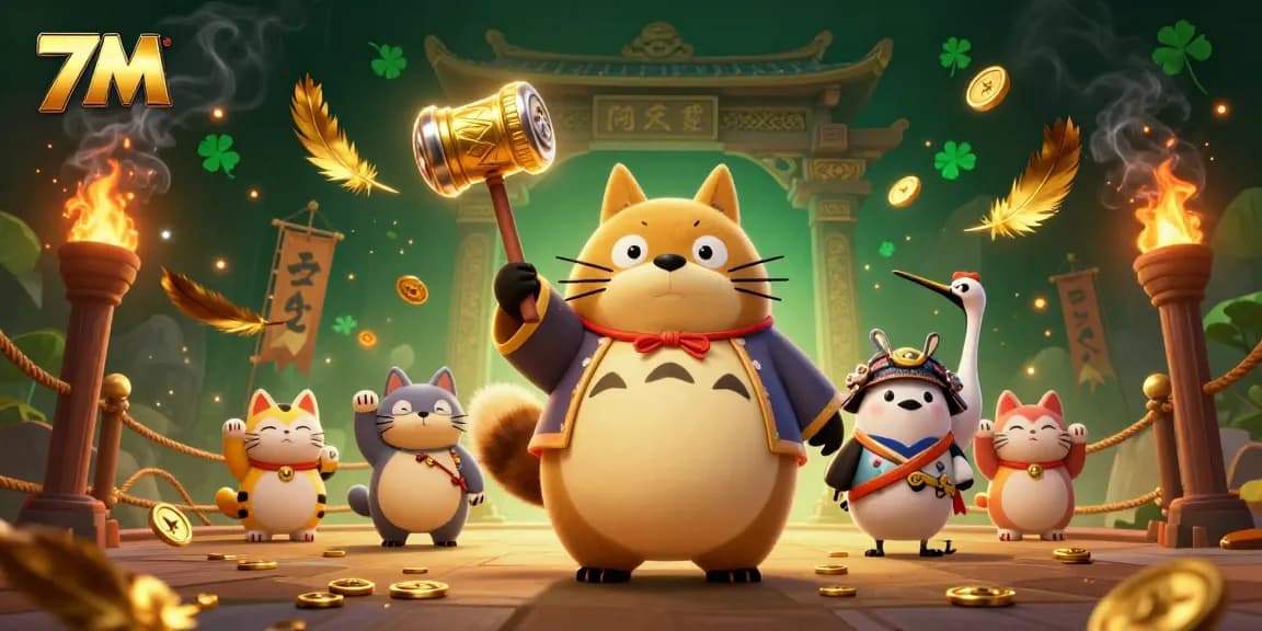 Bet and win with the 7M fortune-themed casino illustration featuring cheerful characters and game symbols.