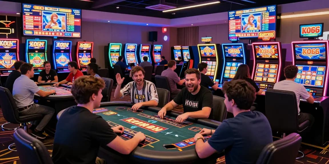 Exciting KO66 online casino gaming scene with enthusiastic players and vibrant slot machines.