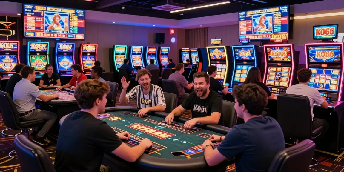 Exciting KO66 online casino gaming scene with enthusiastic players and vibrant slot machines.