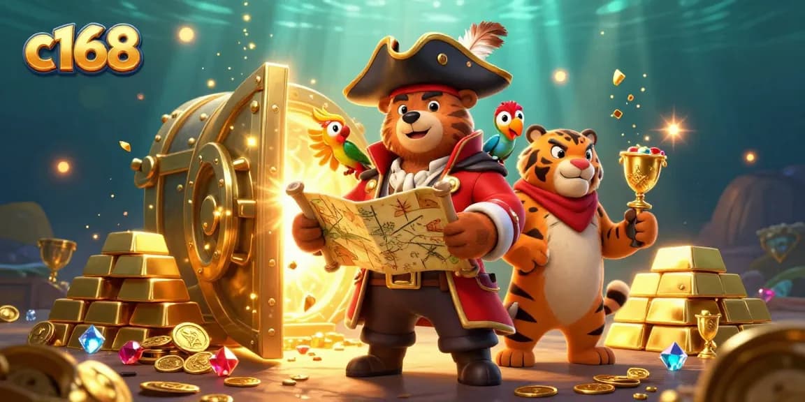 Engage in c168 casino adventures with a pirate bear and tiger amidst treasures and games.