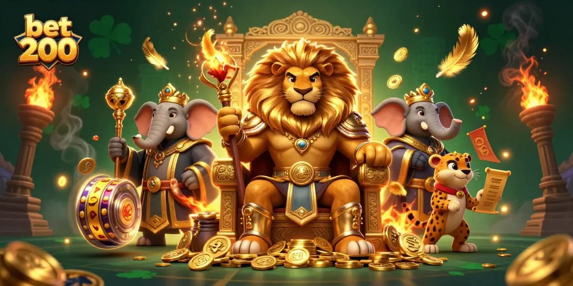 Experience the excitement with bet 200 as a fierce lion king presides over a dynamic casino scene.