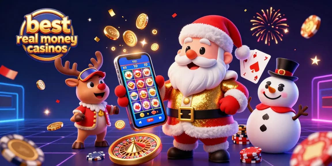 Experience the excitement at the best real money casinos with a festive 3D casino scene featuring Santa and friends.