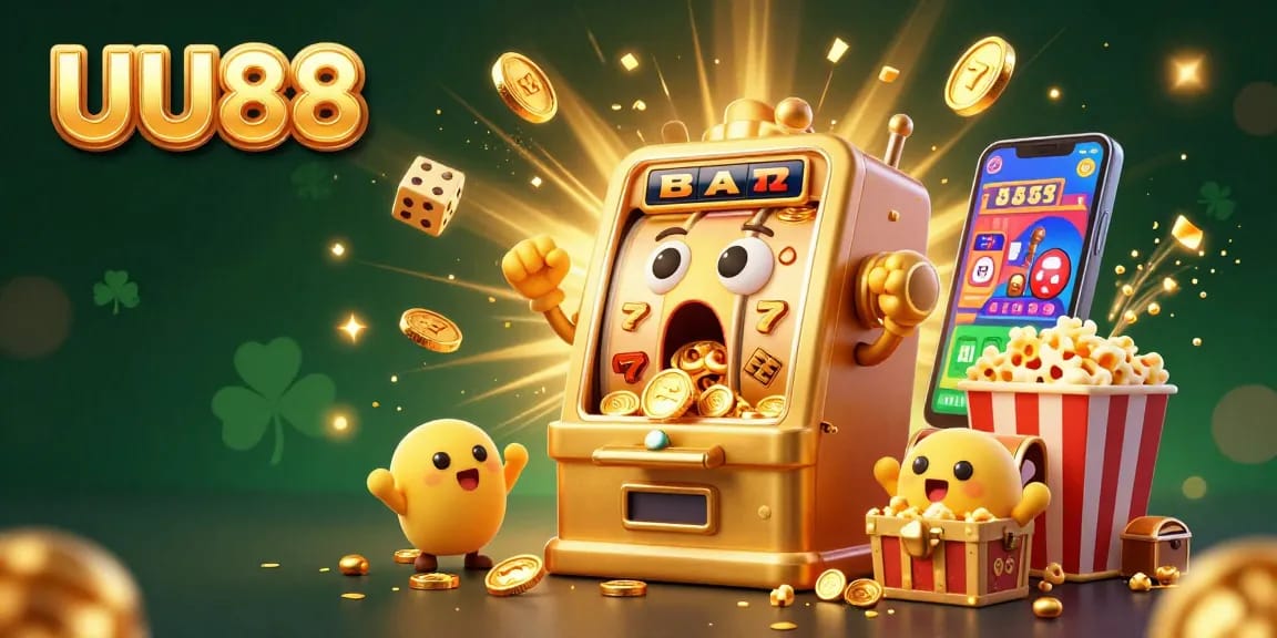 UU88 celebrates wins with a vibrant scene showcasing a shocked golden slot machine surrounded by cheering characters and playful elements.