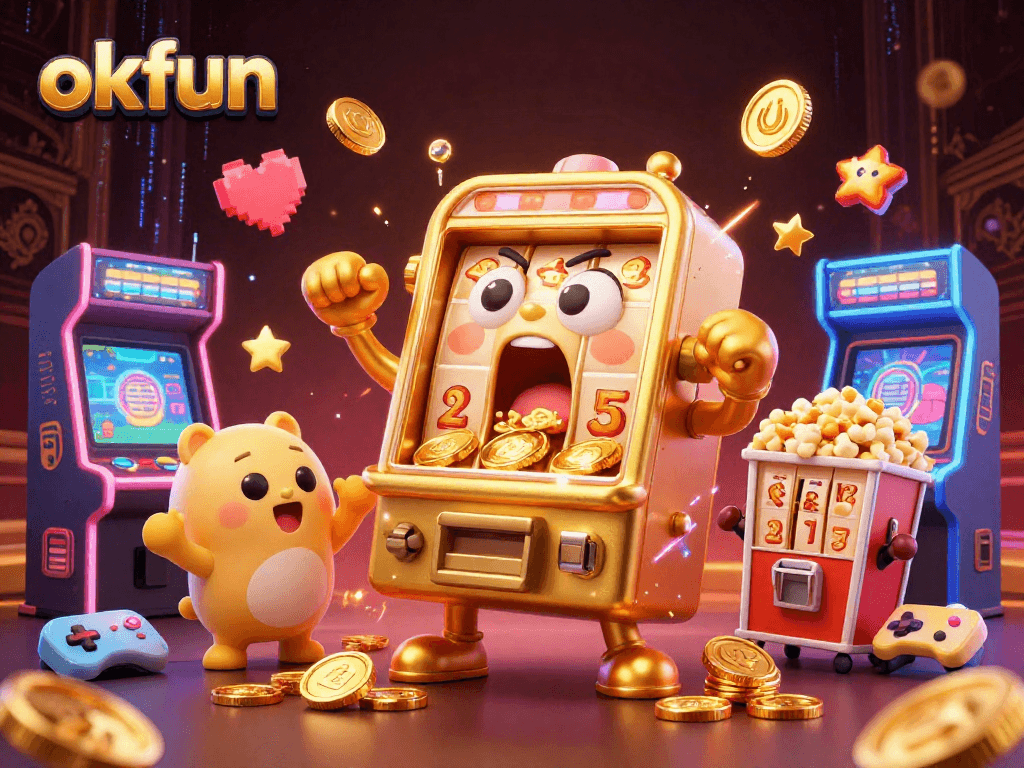 Experience the excitement at okfun as a golden slot machine hits a jackpot, surrounded by cheering baby slots.
