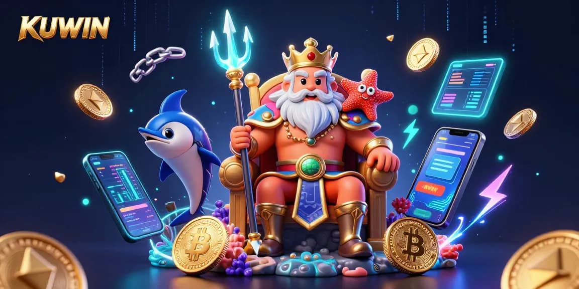 KUWIN engages players with a vivid underwater casino scene featuring Neptune and blockchain elements.