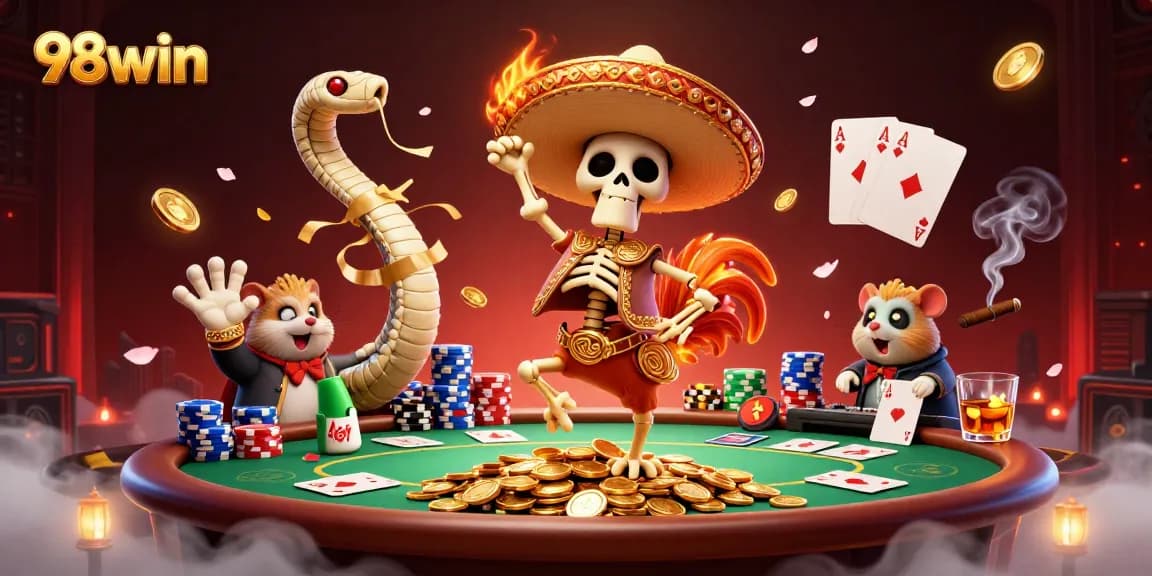 Experience thrilling action at 98win with a vibrant casino scene of celebration and gameplay.