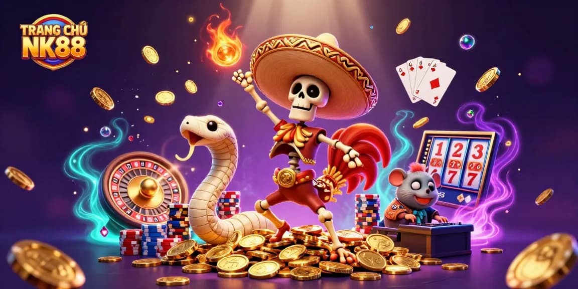 Feel the excitement at TRANG CHỦ NK88 with a vibrant digital casino scene featuring animated characters, golden coins, and dynamic game elements.