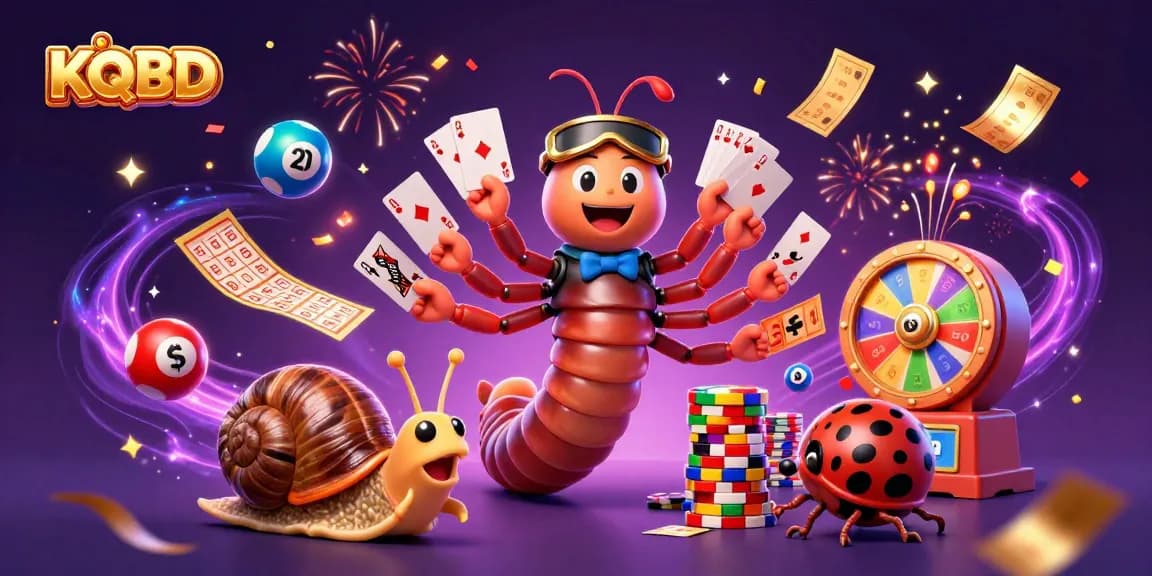 KQBD enhances gaming excitement with a vibrant illustration of a cartoon millipede dealer, snail high-roller, and pill bug surrounded by colorful lottery elements.