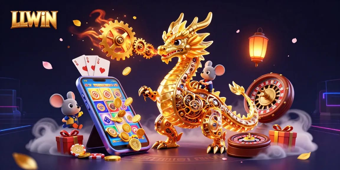 LLWIN showcases an energetic scene with a golden dragon, slot games, and colorful elements, highlighting the vibrant casino experience.