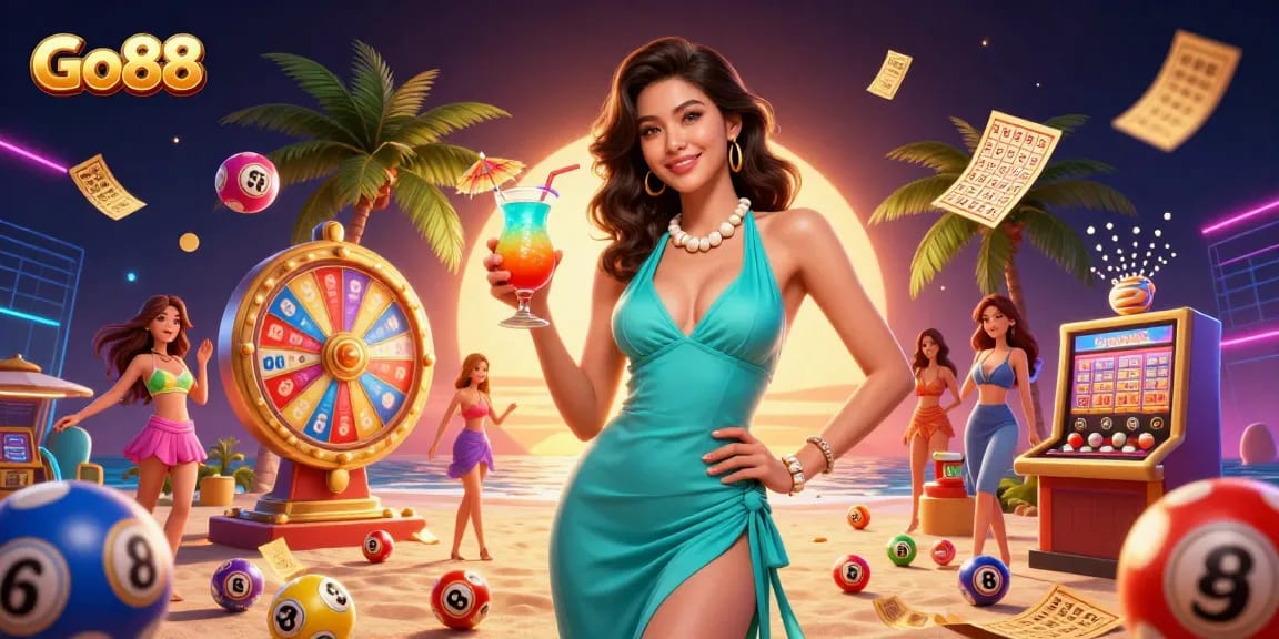 Engage in thrilling gameplay with Go88 at a vibrant casino setting featuring dynamic lottery elements and a winning atmosphere.