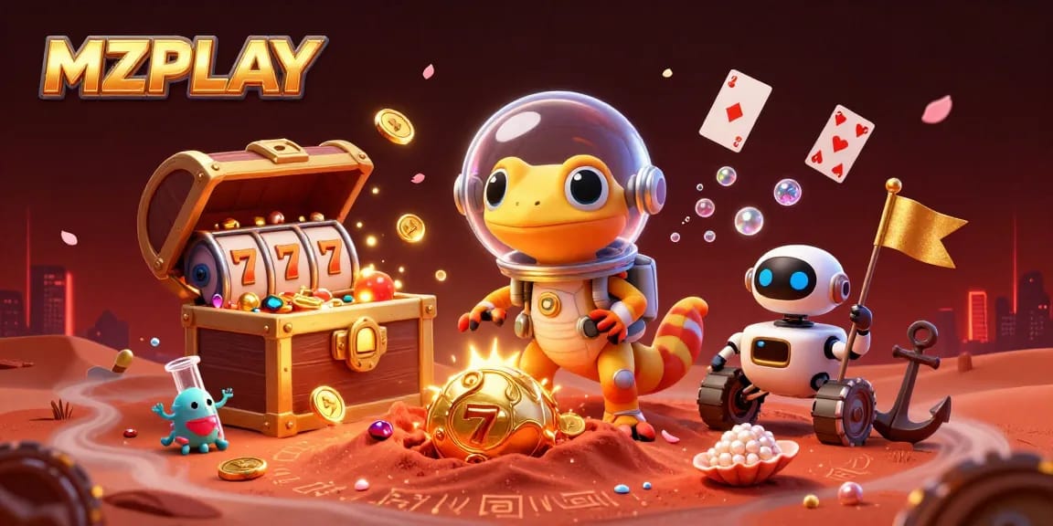 MZPLAY reveals a vibrant online casino adventure featuring a Martian gecko and golden treasures.