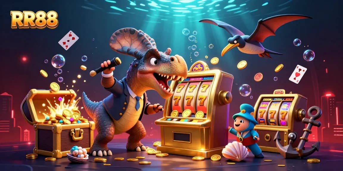 Experience big wins at RR88 with thrilling jackpot coins raining down in a vibrant casino scene.