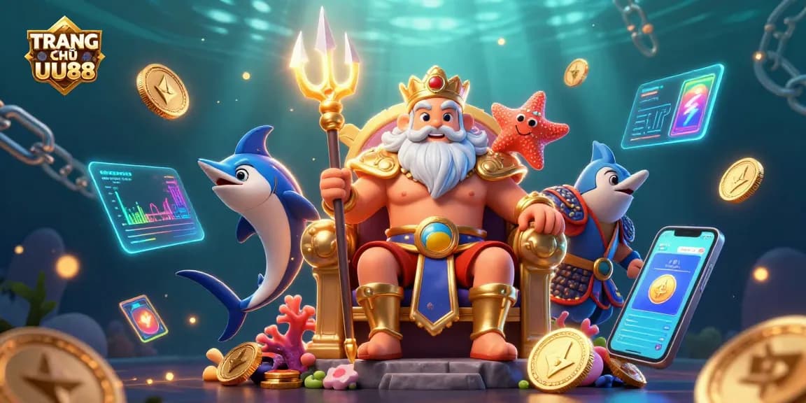 Experience the excitement of TRANG CHỦ UU88 with vibrant 3D characters and casino elements in a dynamic underwater scene.