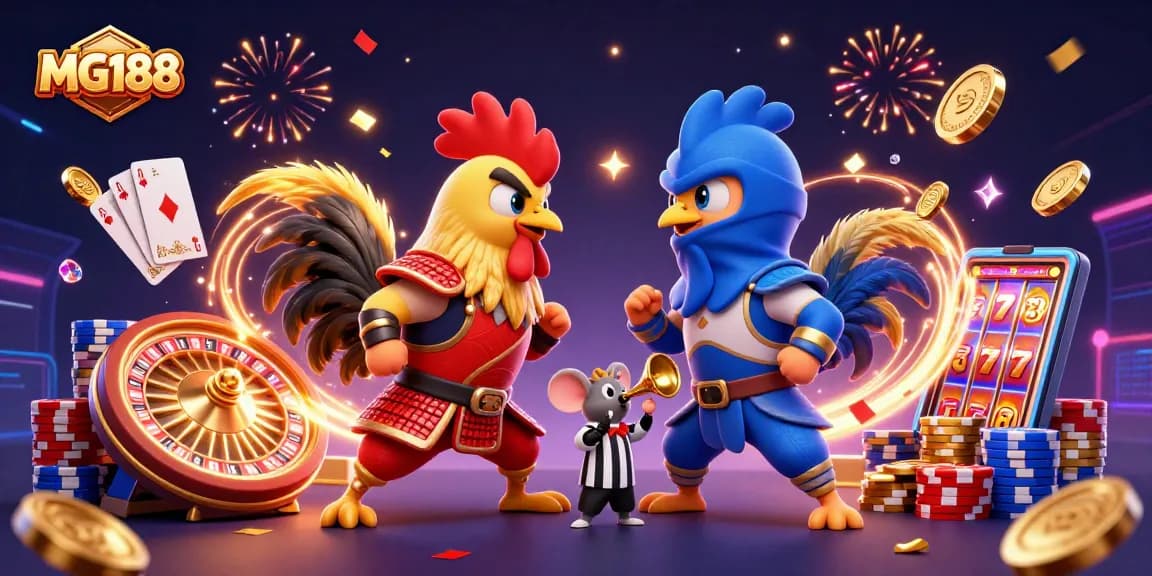 Experience the thrill of MG188 with twin roosters battling in a vibrant casino scene filled with golden coins.