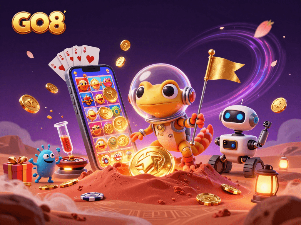 Engage with GO8's captivating casino world in a vibrant Martian-inspired scene.