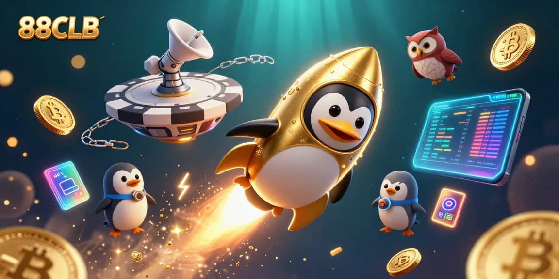 Bet on big wins with 88CLB featuring a golden penguin and exciting casino elements in space