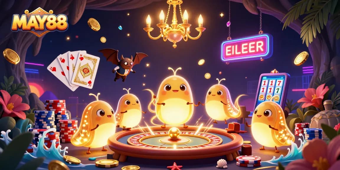 MAY88 casino scene showcasing glowworms and a bat dealer amid vibrant gaming elements.