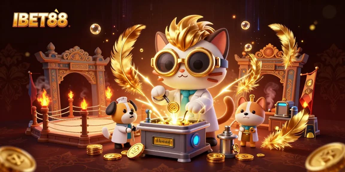 IBET88 showcases a dynamic casino scene with a mad scientist cat and his loyal dog amid gold coins and vibrant effects.