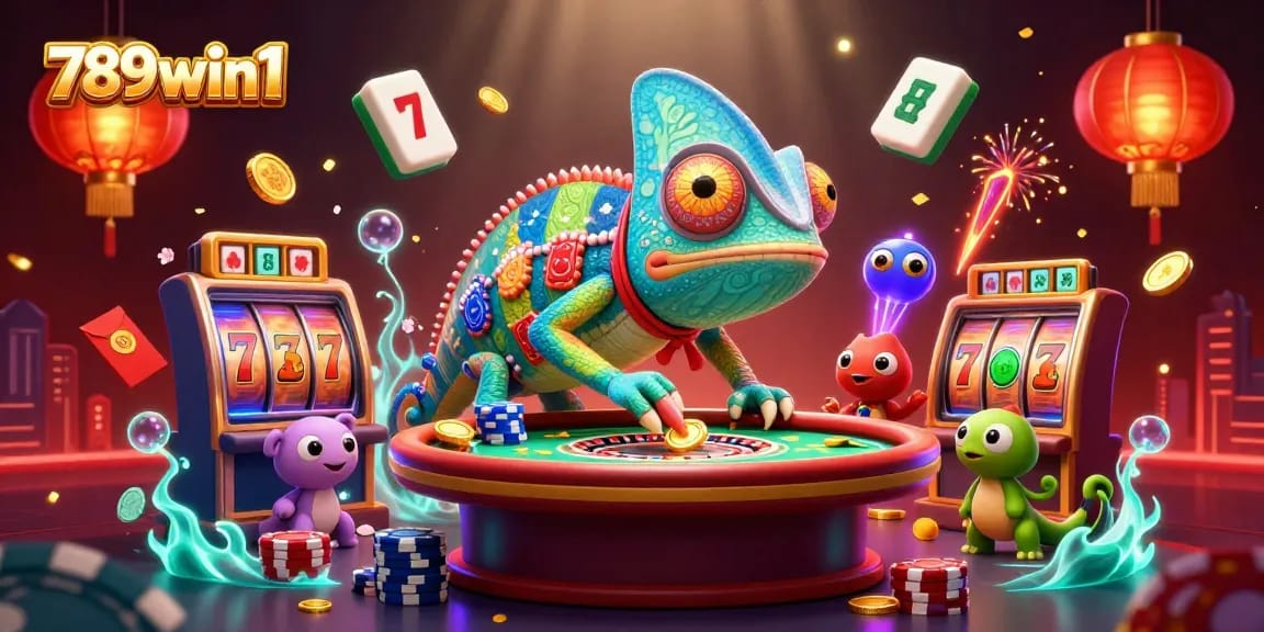 Play exciting games at 789win1 with a vibrant casino scene showcasing a chameleon owner and thrilling slot machines.