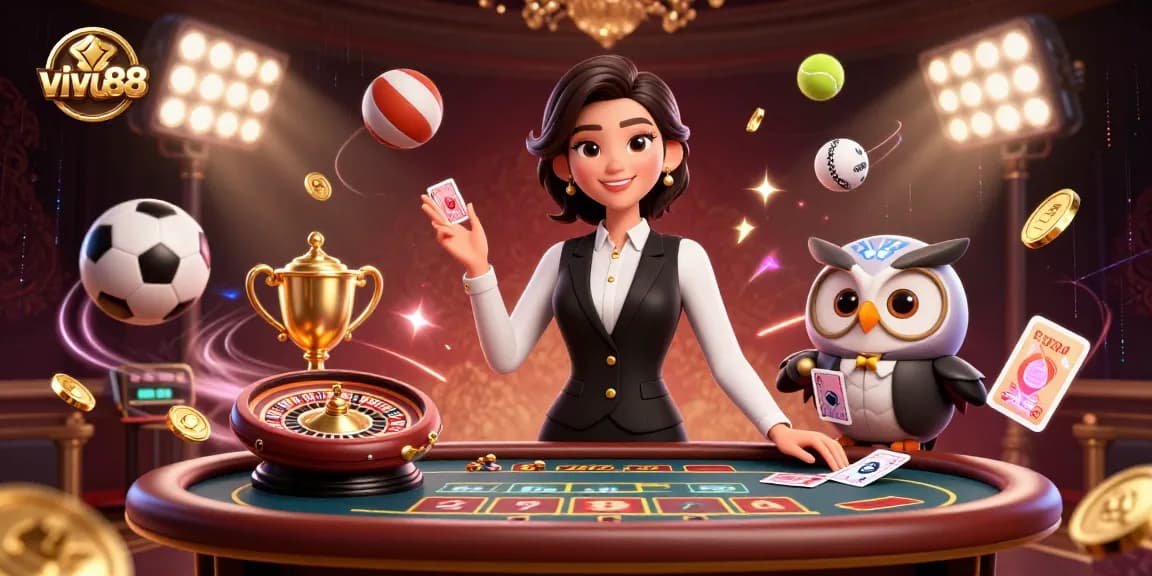Engage in thrilling baccarat at vivu88 with an elegant dealer and dynamic casino elements.