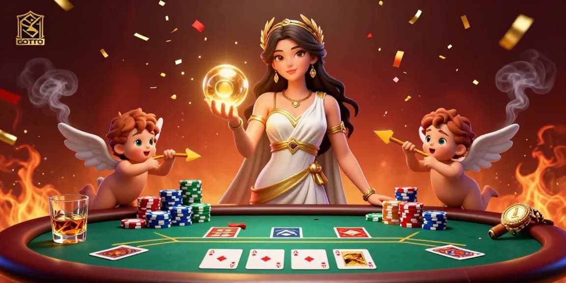 Rayakan momen kemenangan dengan GOTOTO dalam suasana kasino yang hidup dan dinamis yang dipenuhi dengan elemen poker.