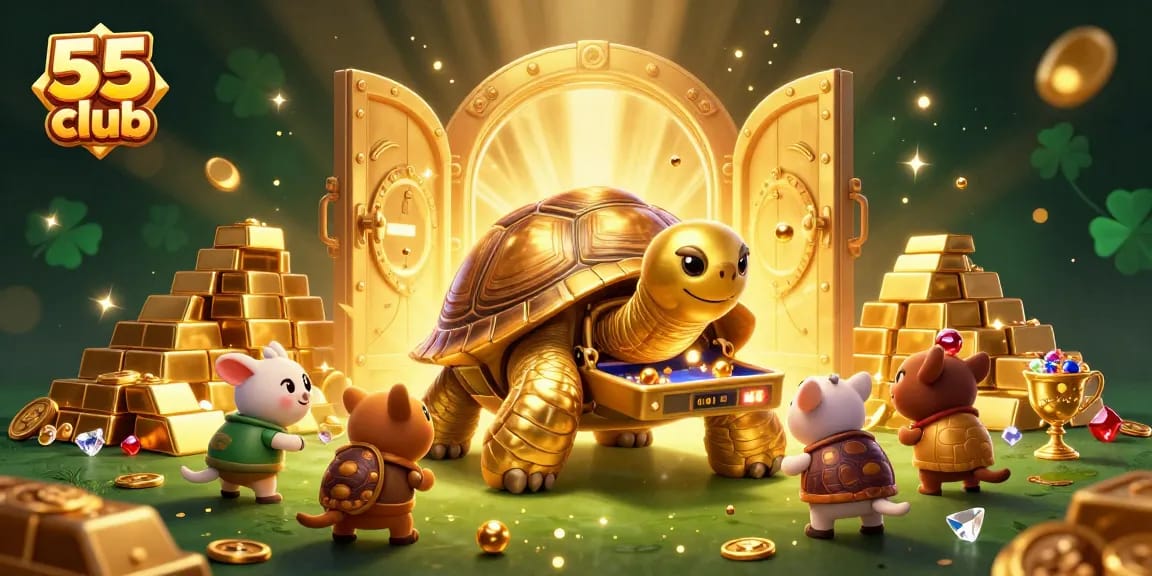Experience the thrill at 55 club with a colossal tortoise pinball machine in a treasure-filled casino.