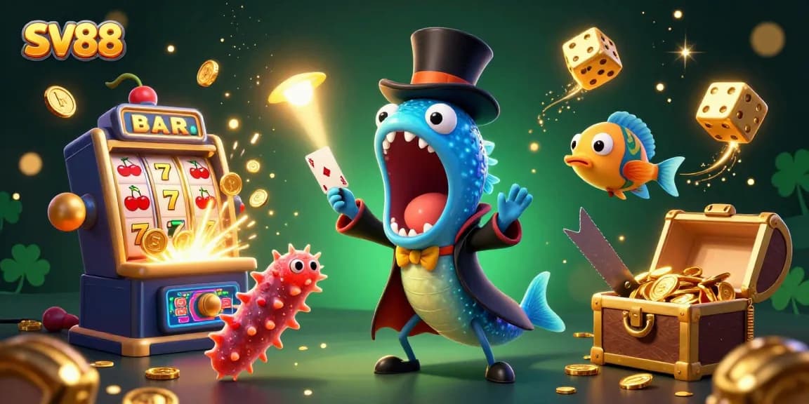Experience excitement at SV88 with a vibrant scene of animated characters and thrilling casino elements.